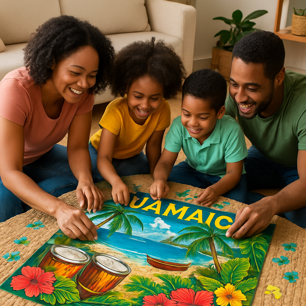Family solving Jamaican-themed puzzle with bright pieces