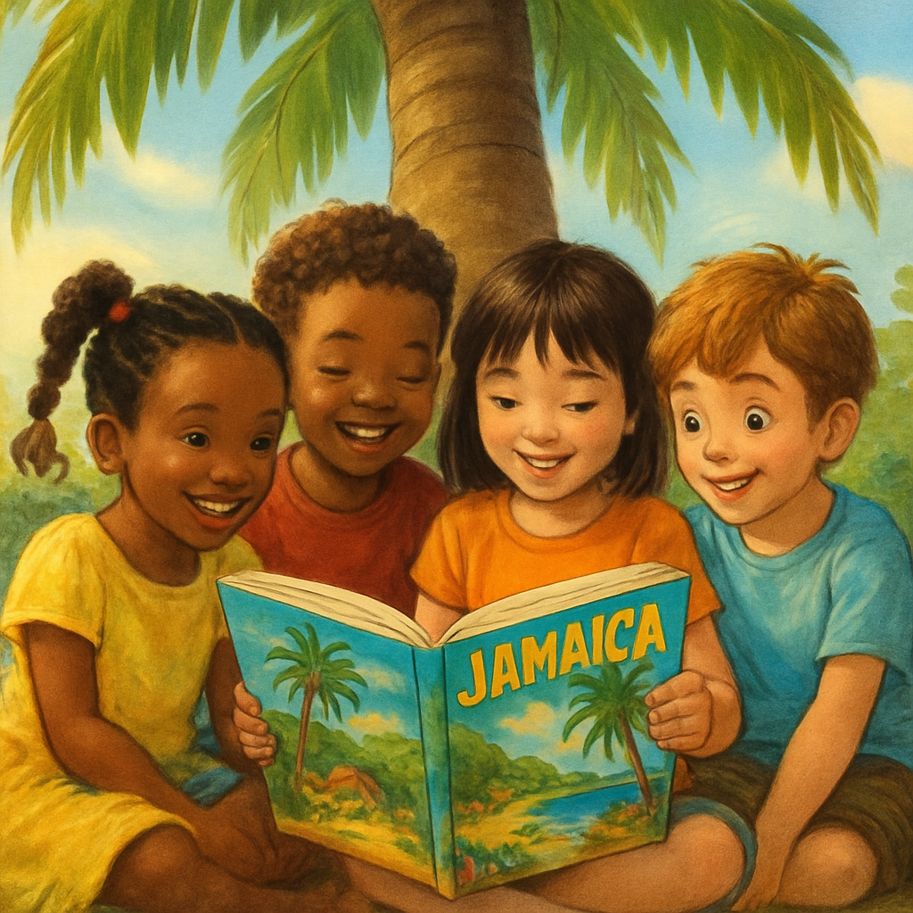 Children reading colorful storybook under palm tree