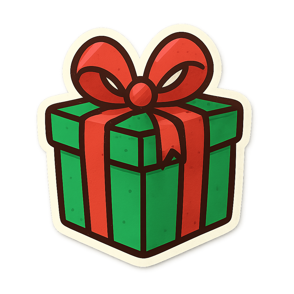 Festive gift sticker in top-right