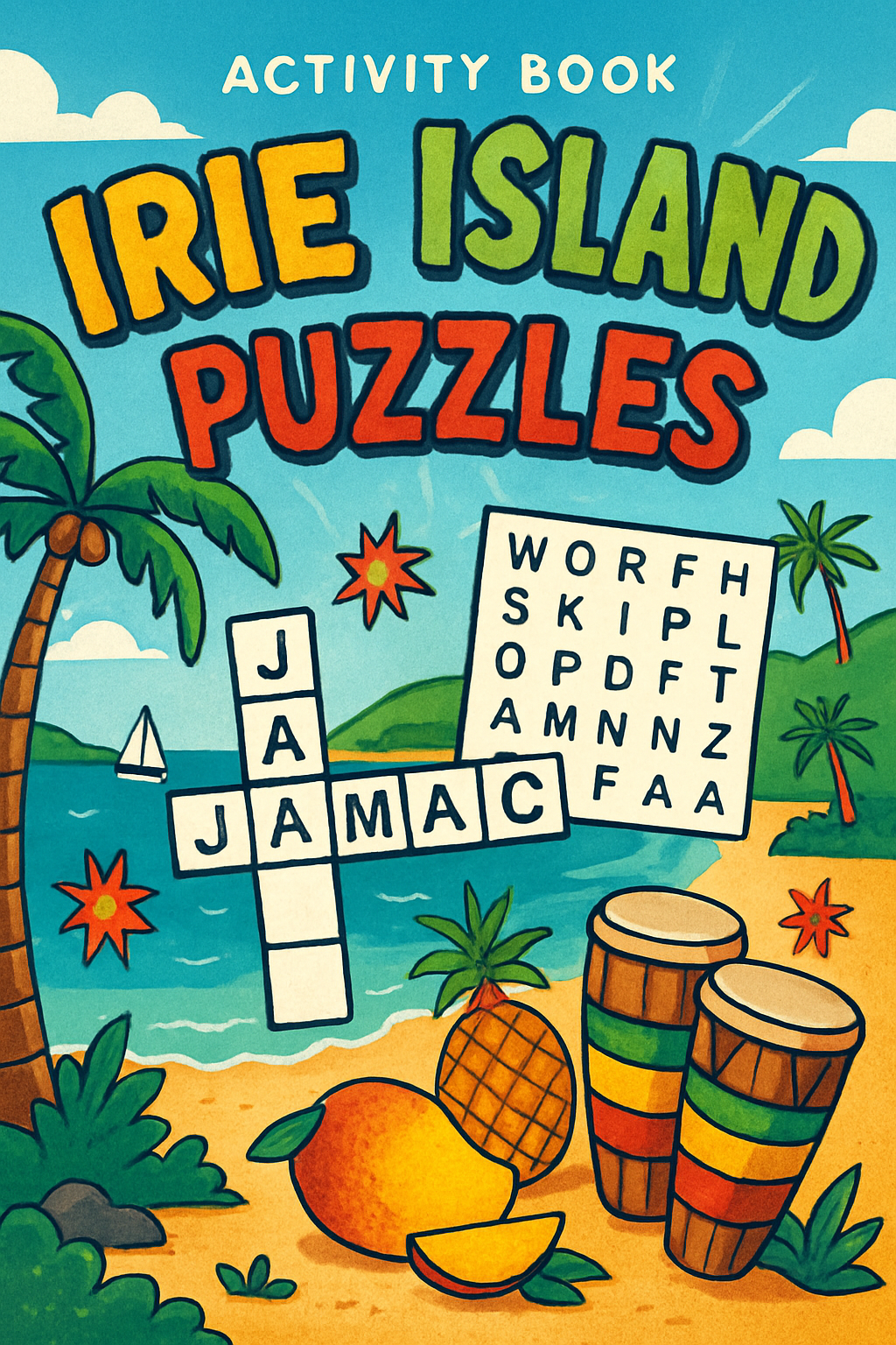 Preview of Irie Island Puzzles activity book with playful illustrations