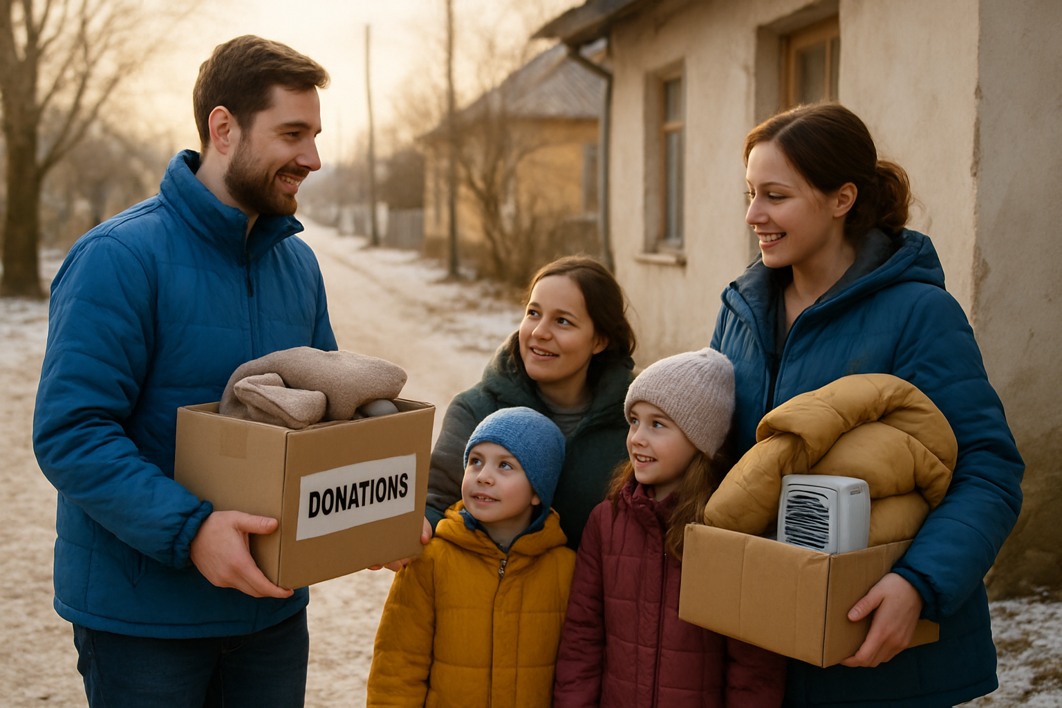 Volunteers distributing warm winter supplies to a grateful family in a Ukrainian community