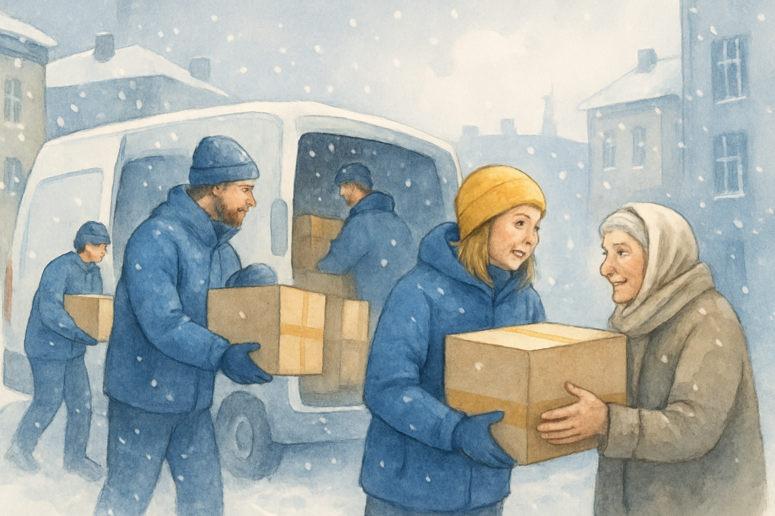 Emergency cold-weather response team delivering supplies in snowy conditions