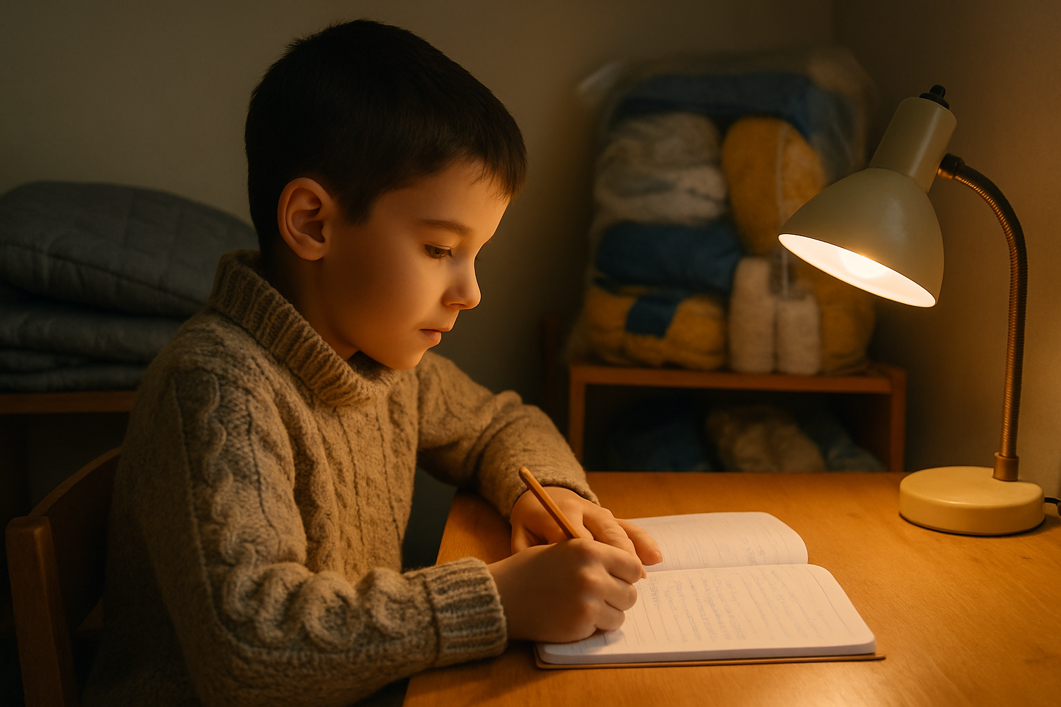 Young boy in a cozy sweater doing homework at a desk with a warm lamp and winter supplies visible in background