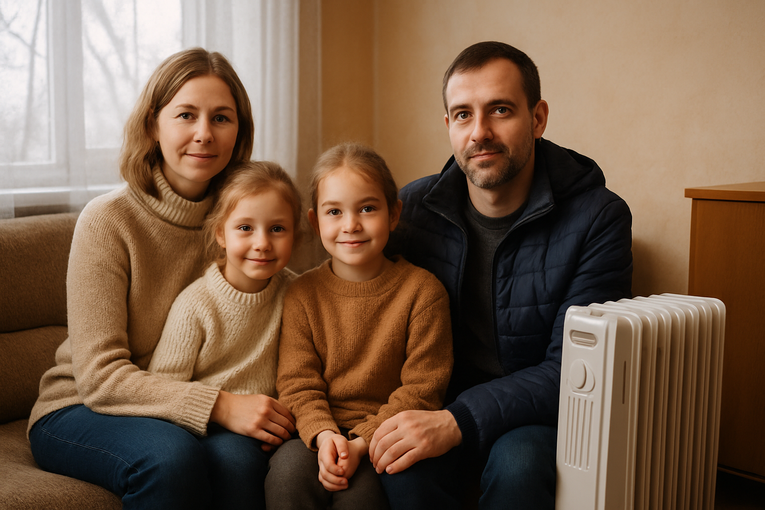 Ukrainian family gathered around newly installed heating supplies in their modest living room, winter daylight through window