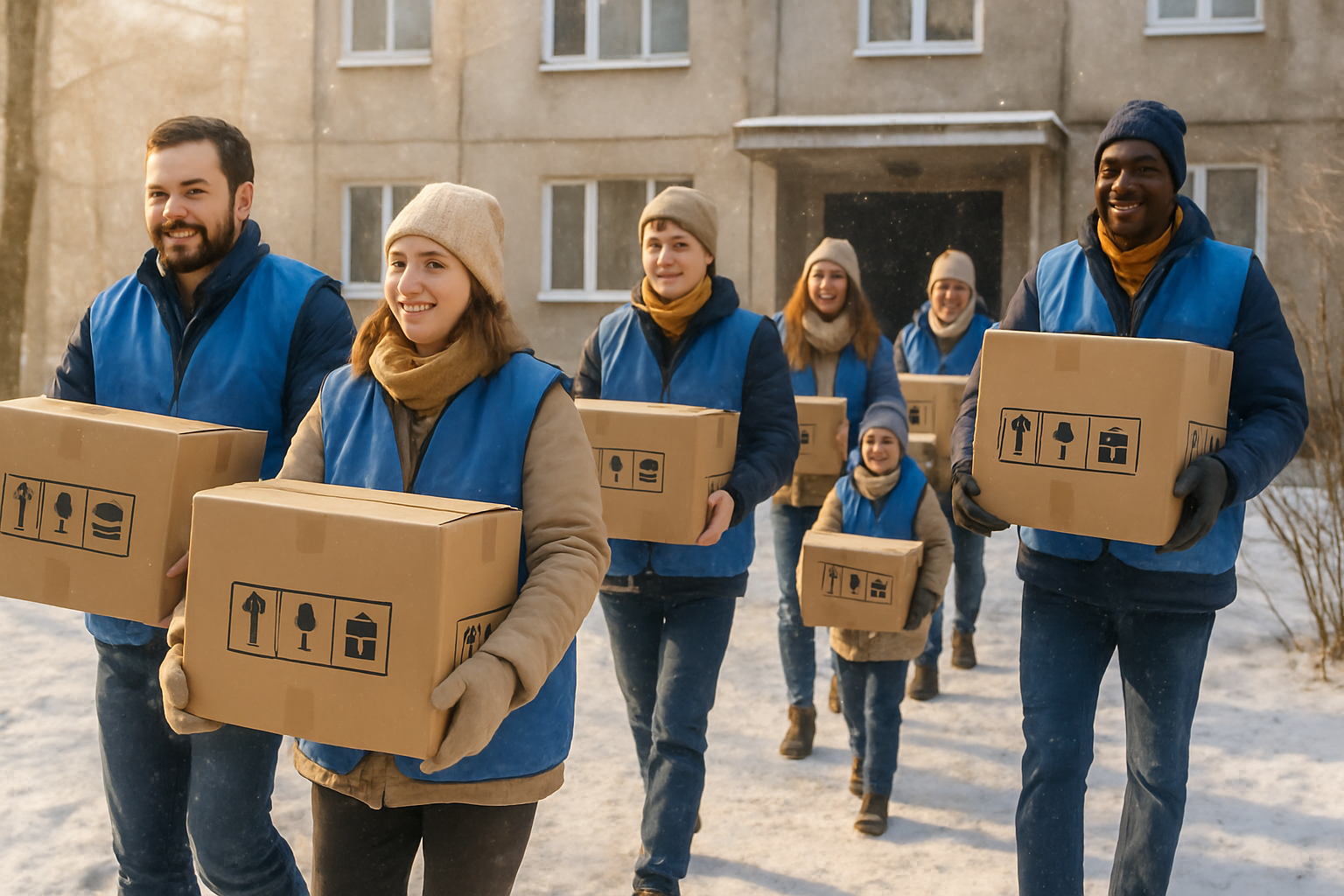 Volunteers in blue vests carrying winter supply boxes through a snowy courtyard toward an apartment building entrance