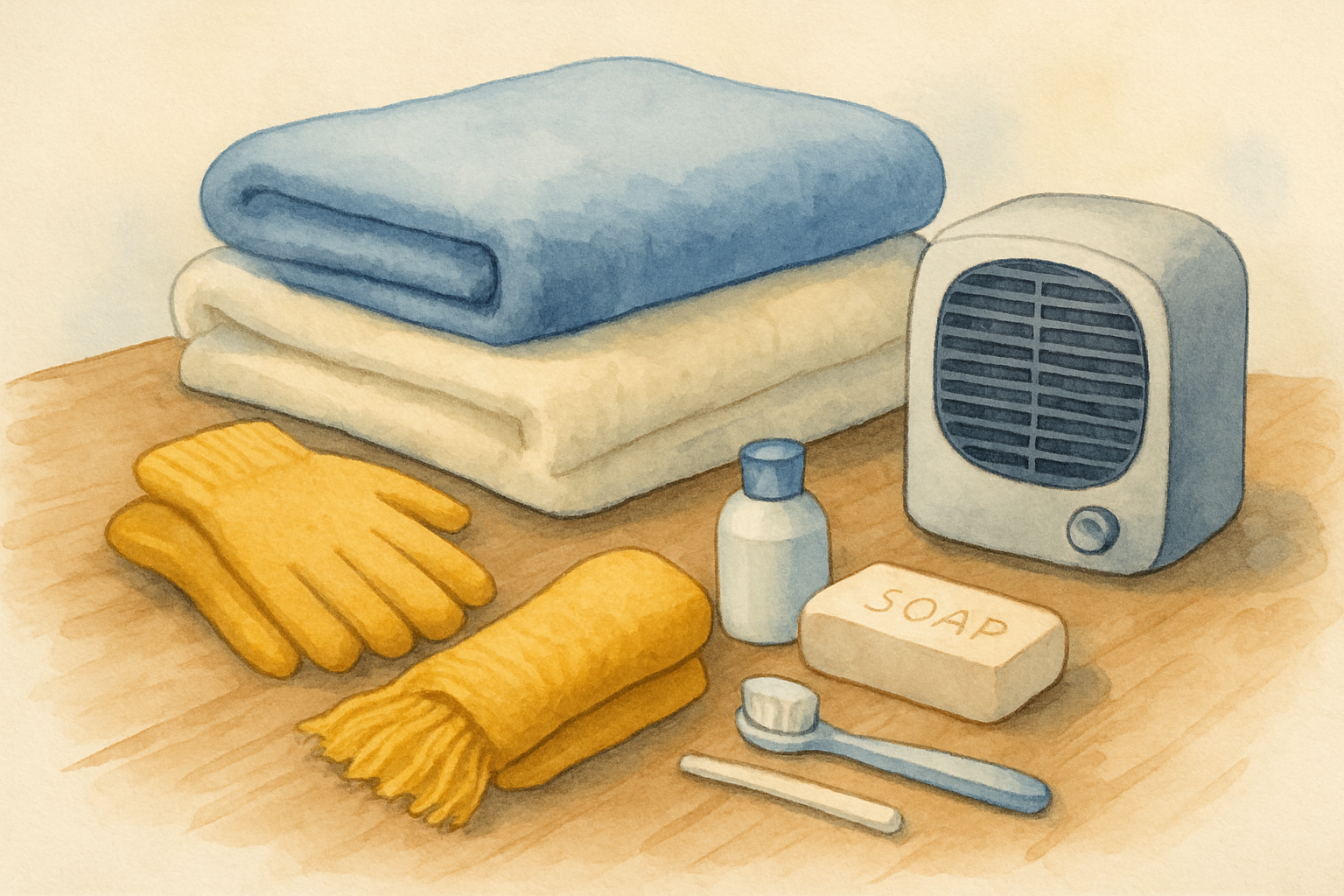 Illustrated winter relief kit with blankets, warm clothing, and hygiene items