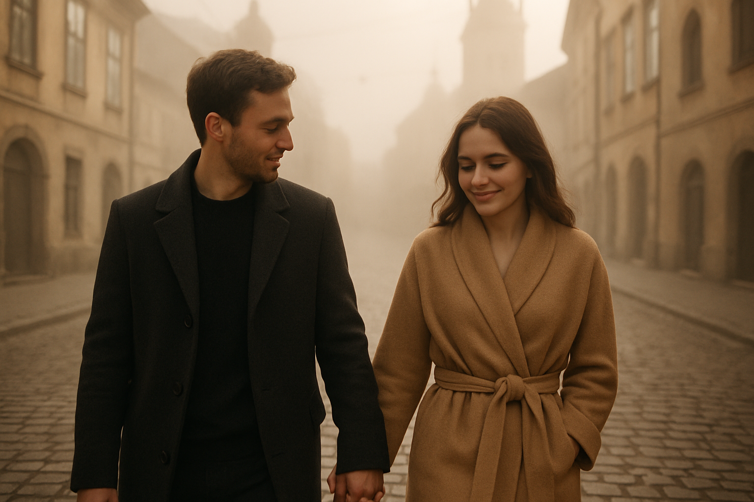 Couple walking hand in hand through misty European cobblestone street