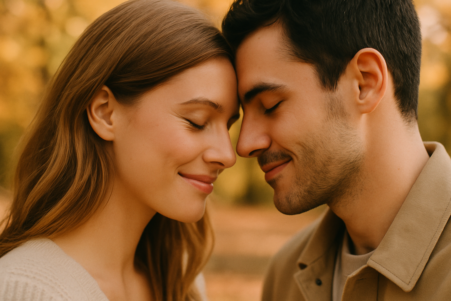 Intimate close-up of couple foreheads touching with soft bokeh park background in autumn tones
