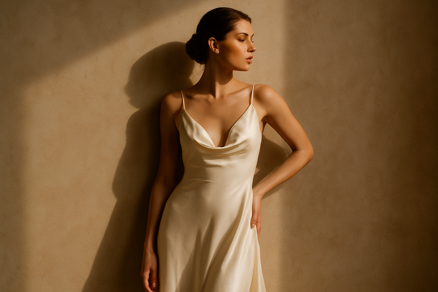 Fashion editorial portrait of woman in flowing ivory dress against warm concrete wall