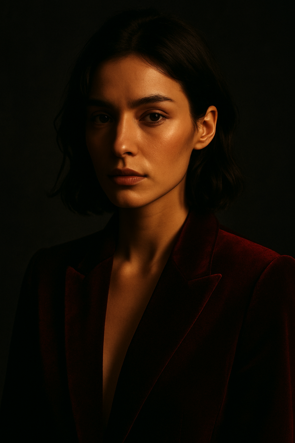 Dramatic moody editorial portrait with deep shadows and warm amber sidelight on model in dark velvet