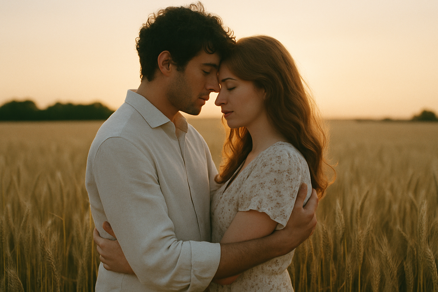Soft film grain portrait of couple embracing in a field of tall golden wheat