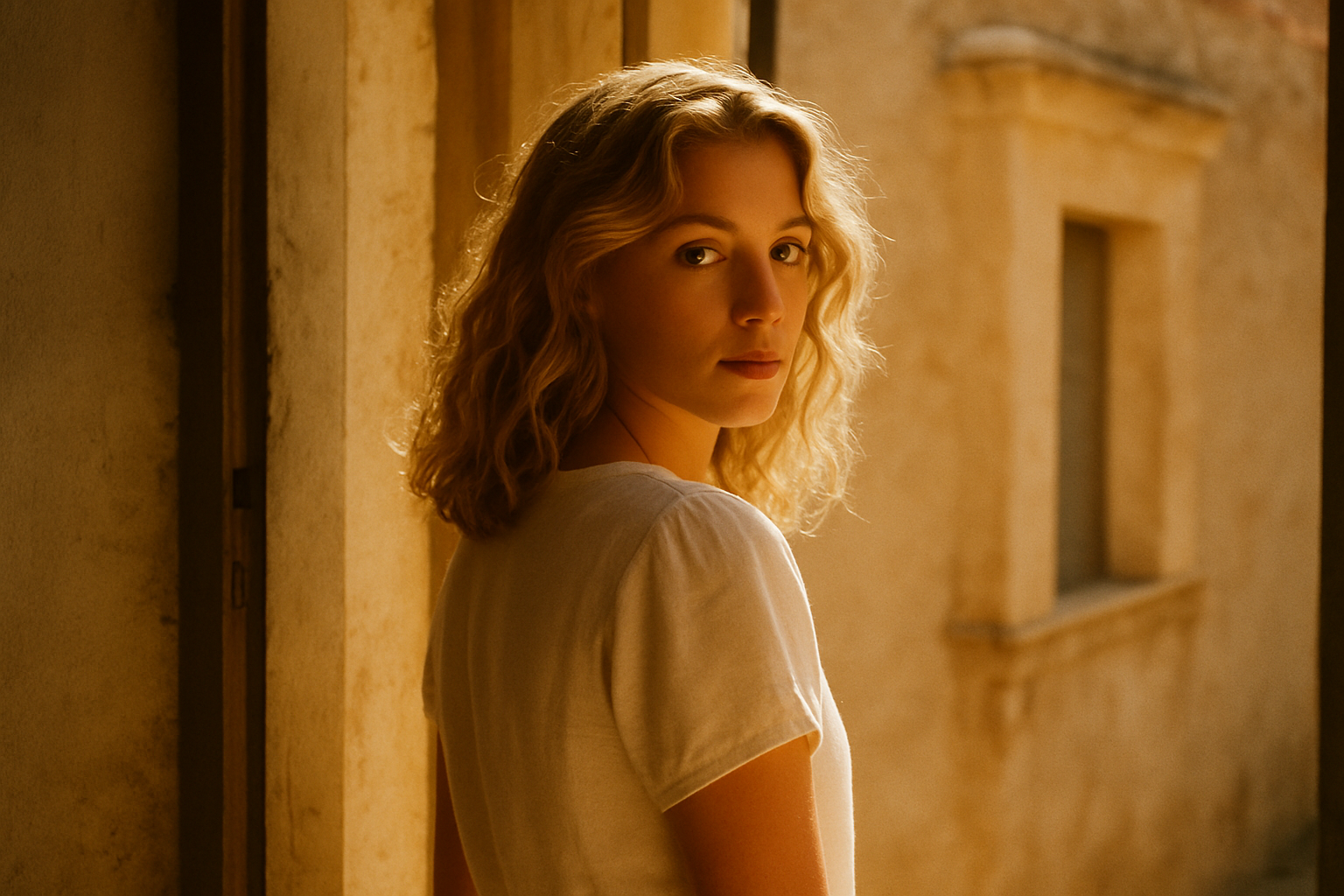 Vintage film-style portrait of woman looking over shoulder in sunlit doorway with warm grain