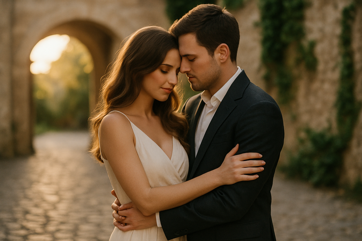 Elegant bridal portrait in soft golden light with couple embracing in an old European courtyard