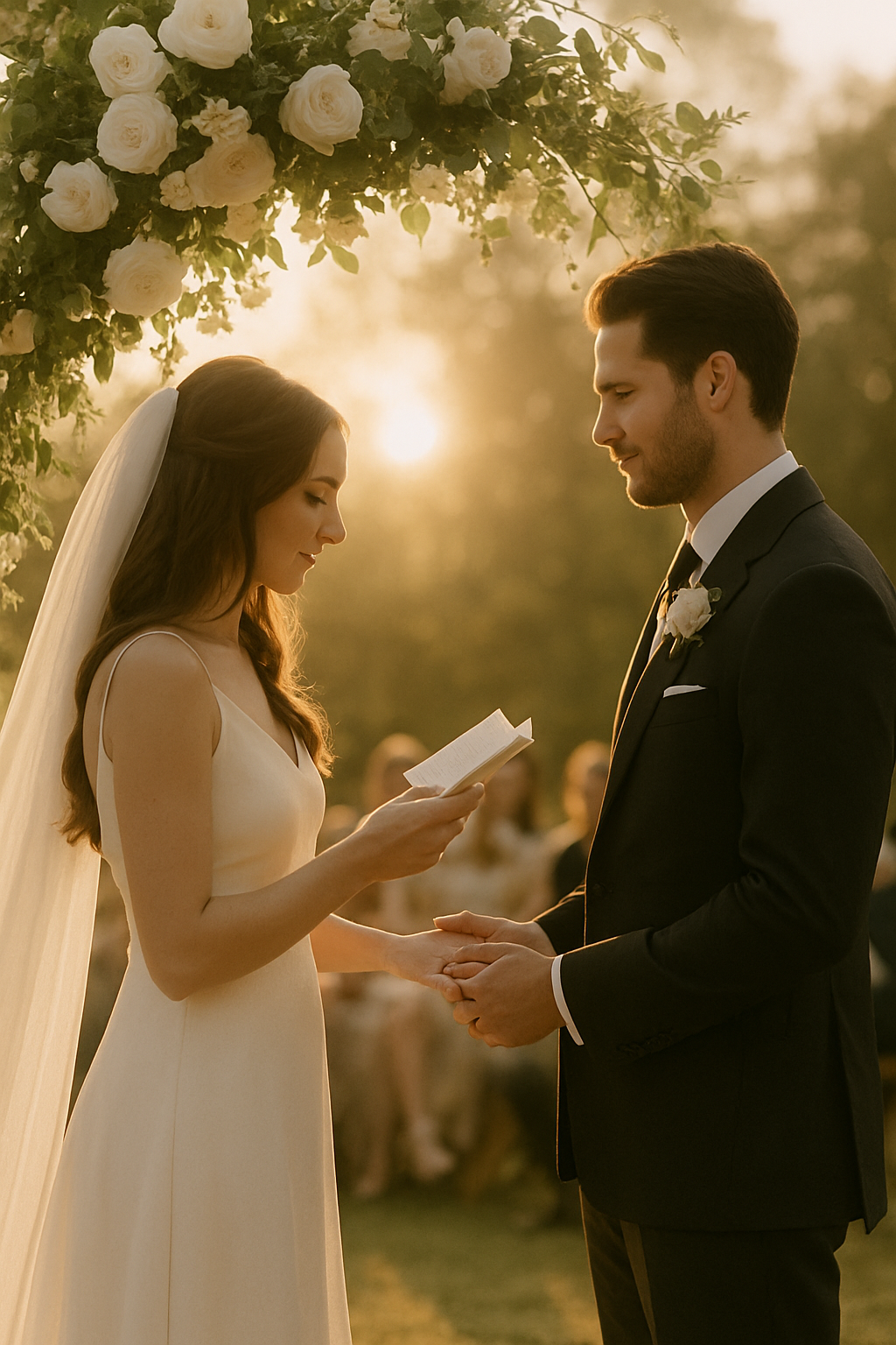 Bride and groom exchanging vows under a floral arch in golden hour light