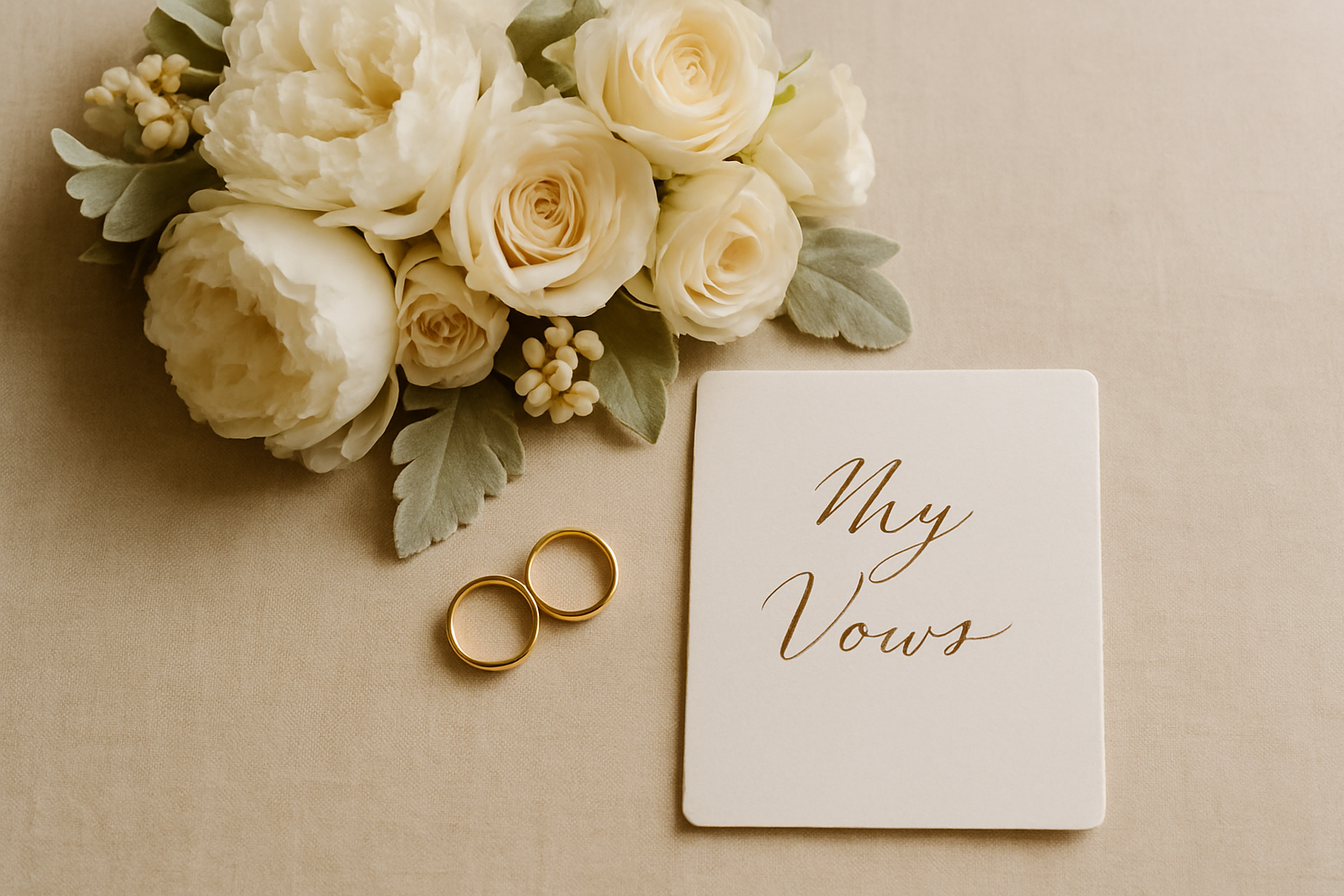 Close-up of bridal bouquet with white peonies and gold rings on linen