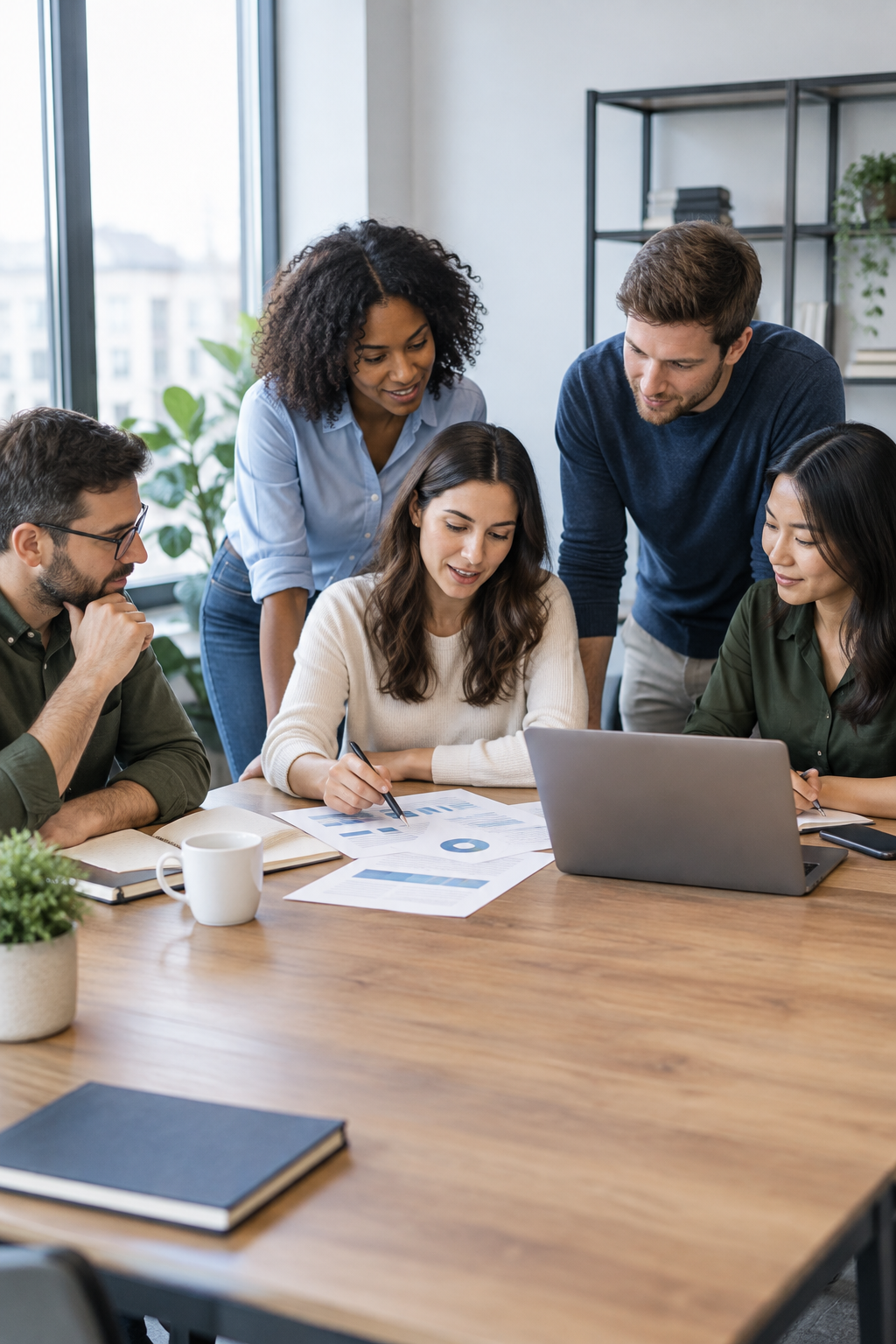 Professional team in a modern office reviewing campaign plans together at a shared table
