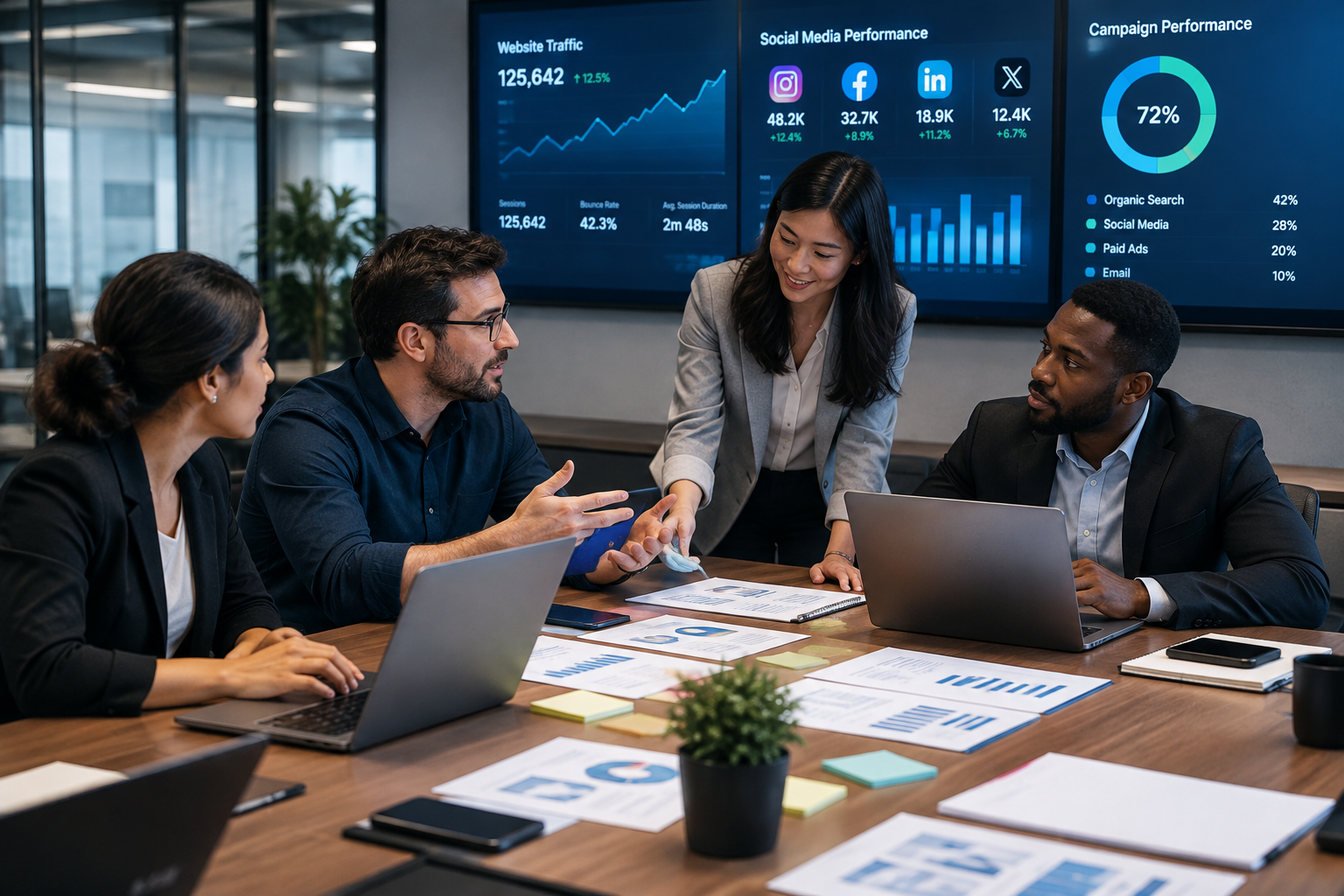 Digital marketing professionals in a modern office meeting around a table with laptops, campaign notes, and analytics dashboards