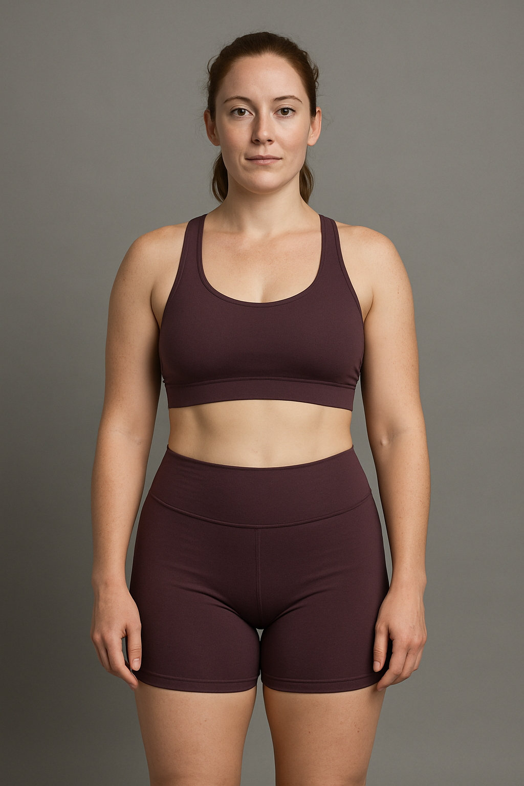 Illustrative progressed physique of the same auburn-haired woman in a plum training set