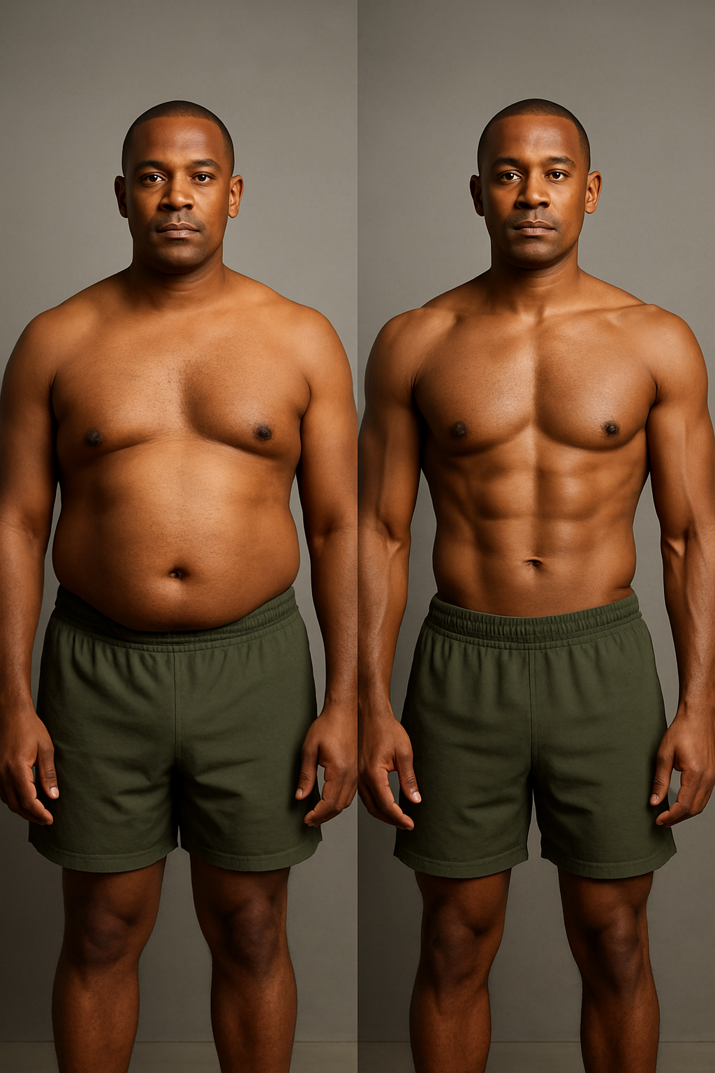Illustrative progressed physique of the same close-cropped-haired man in olive training shorts