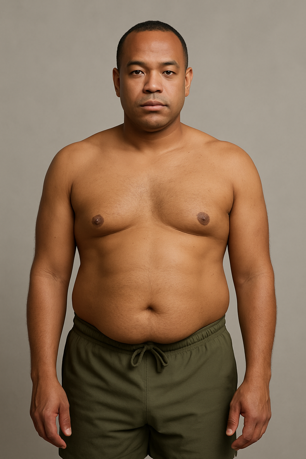 Illustrative starting-point portrait of a man with close-cropped hair wearing olive training shorts