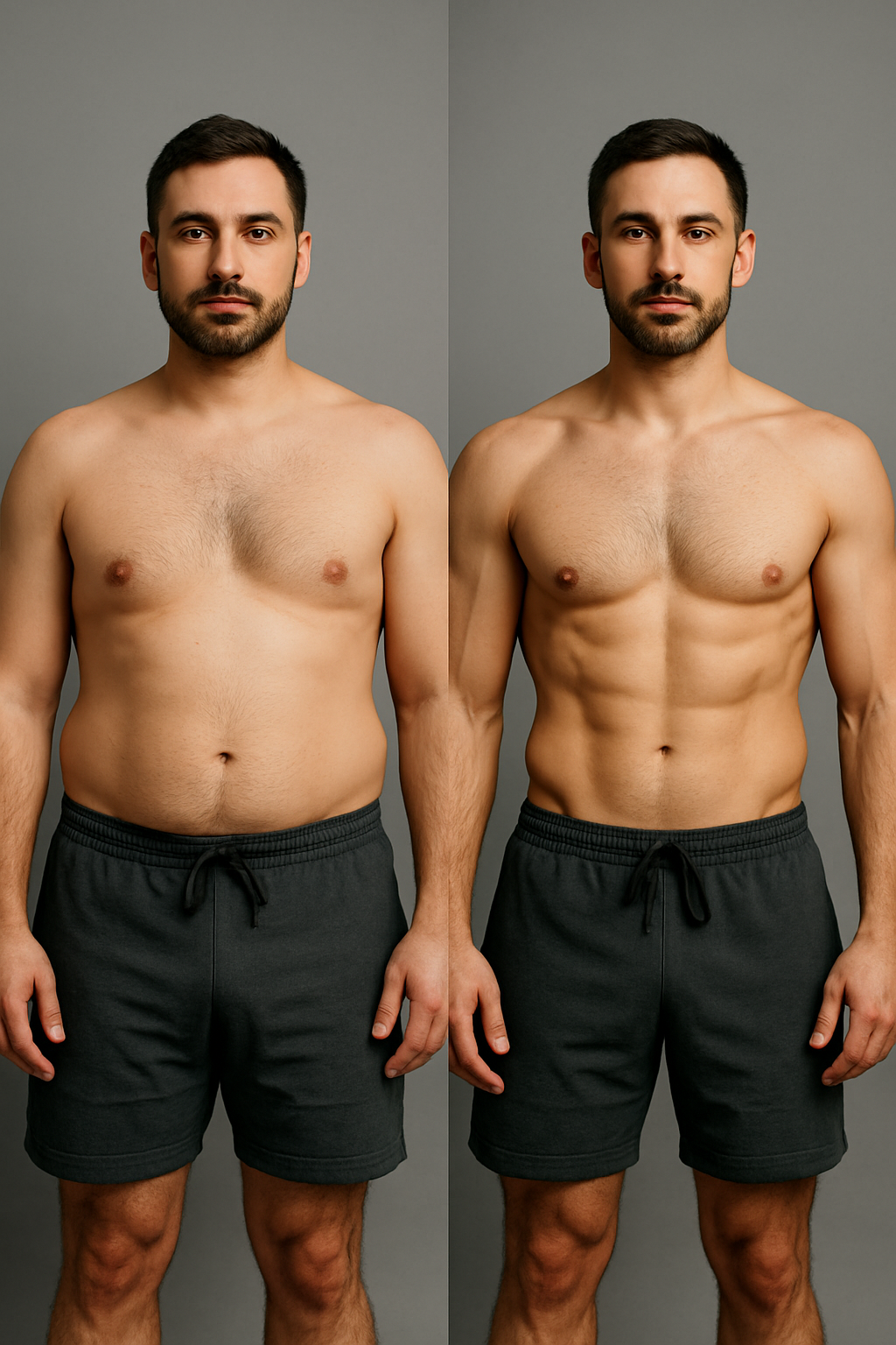 Illustrative progressed physique of the same dark-haired man in charcoal training shorts