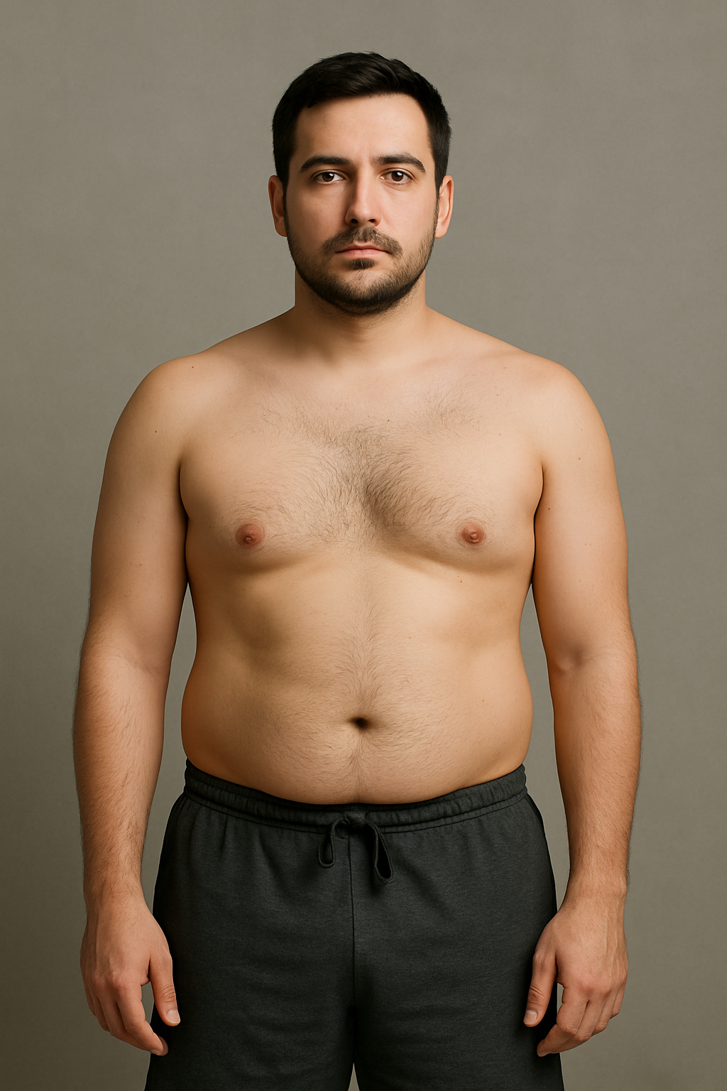 Illustrative starting-point portrait of a dark-haired man in charcoal training shorts