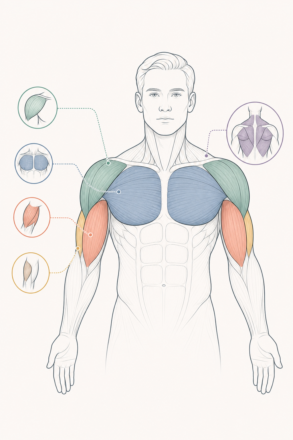 Simplified upper-body anatomical diagram with labeled chest, back, shoulders, and arms