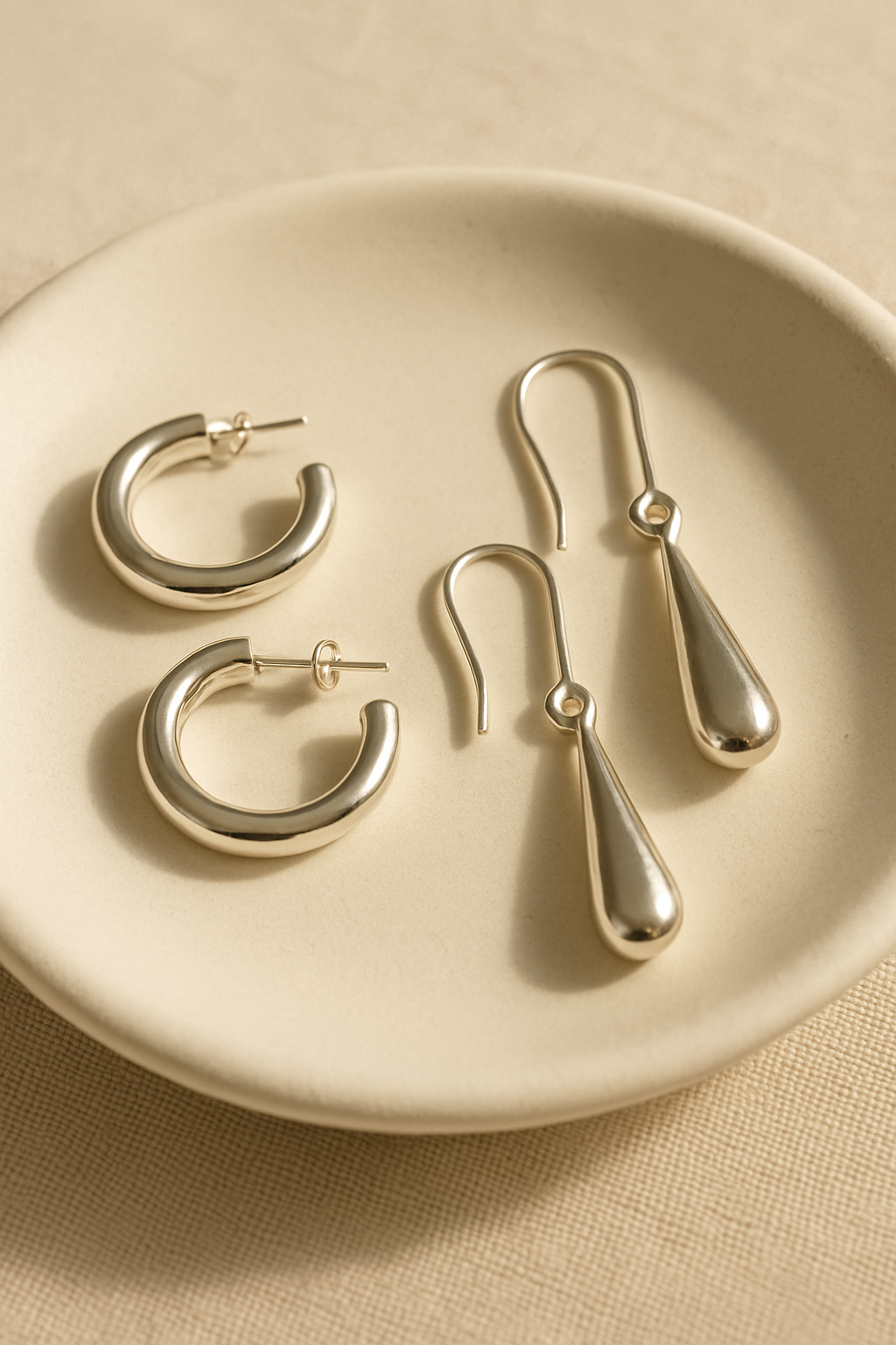 Small silver hoop and drop earrings on a ceramic dish