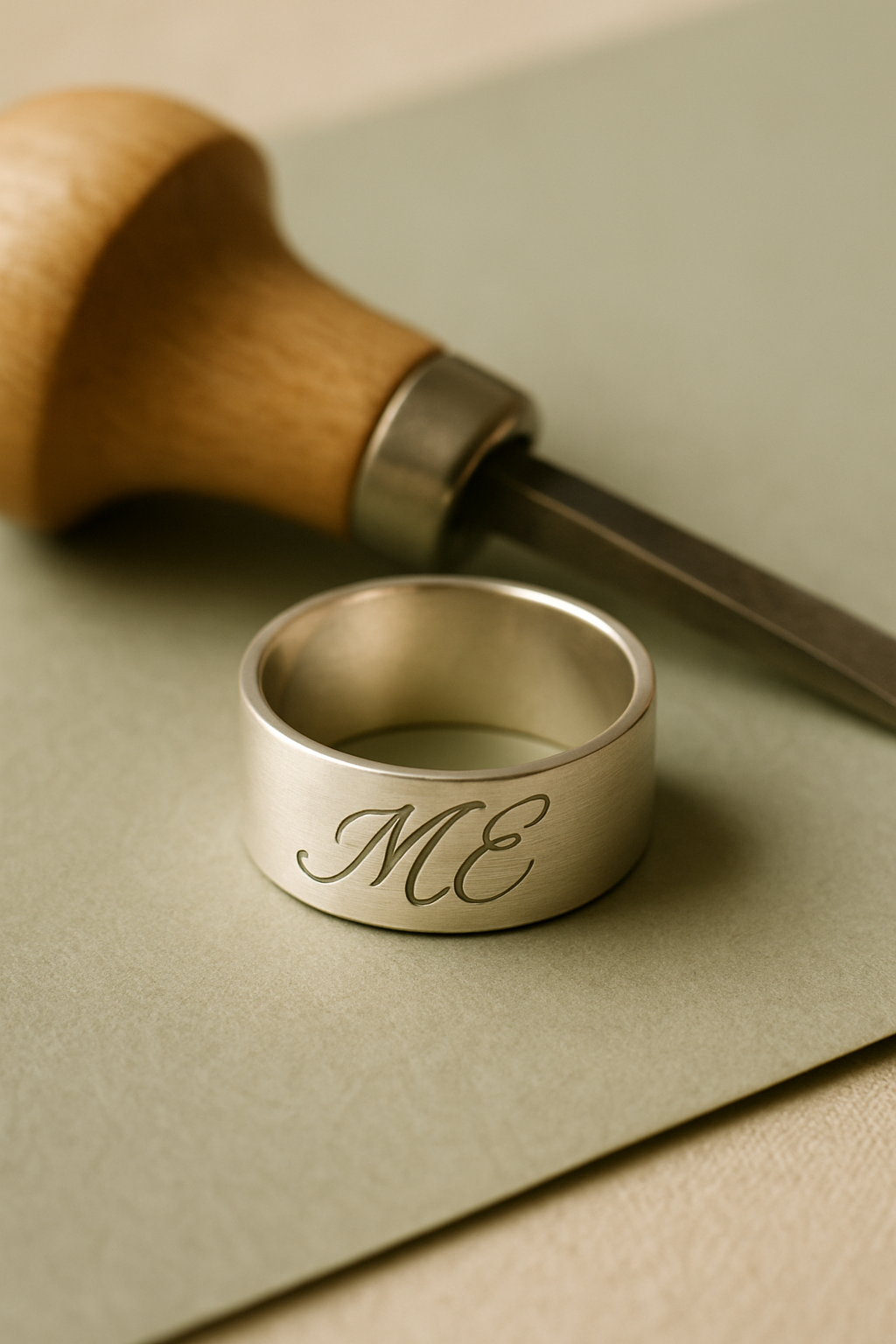 Silver ring band with hand-engraved initials beside an engraving tool