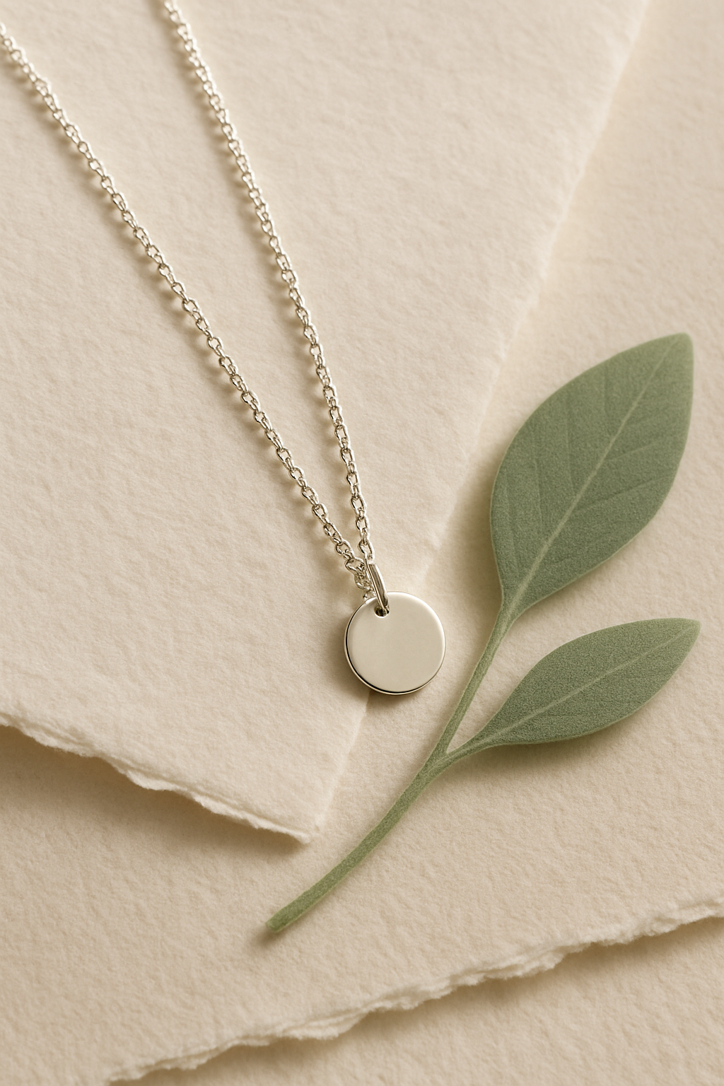 Delicate silver chain necklace with small pendant draped on paper