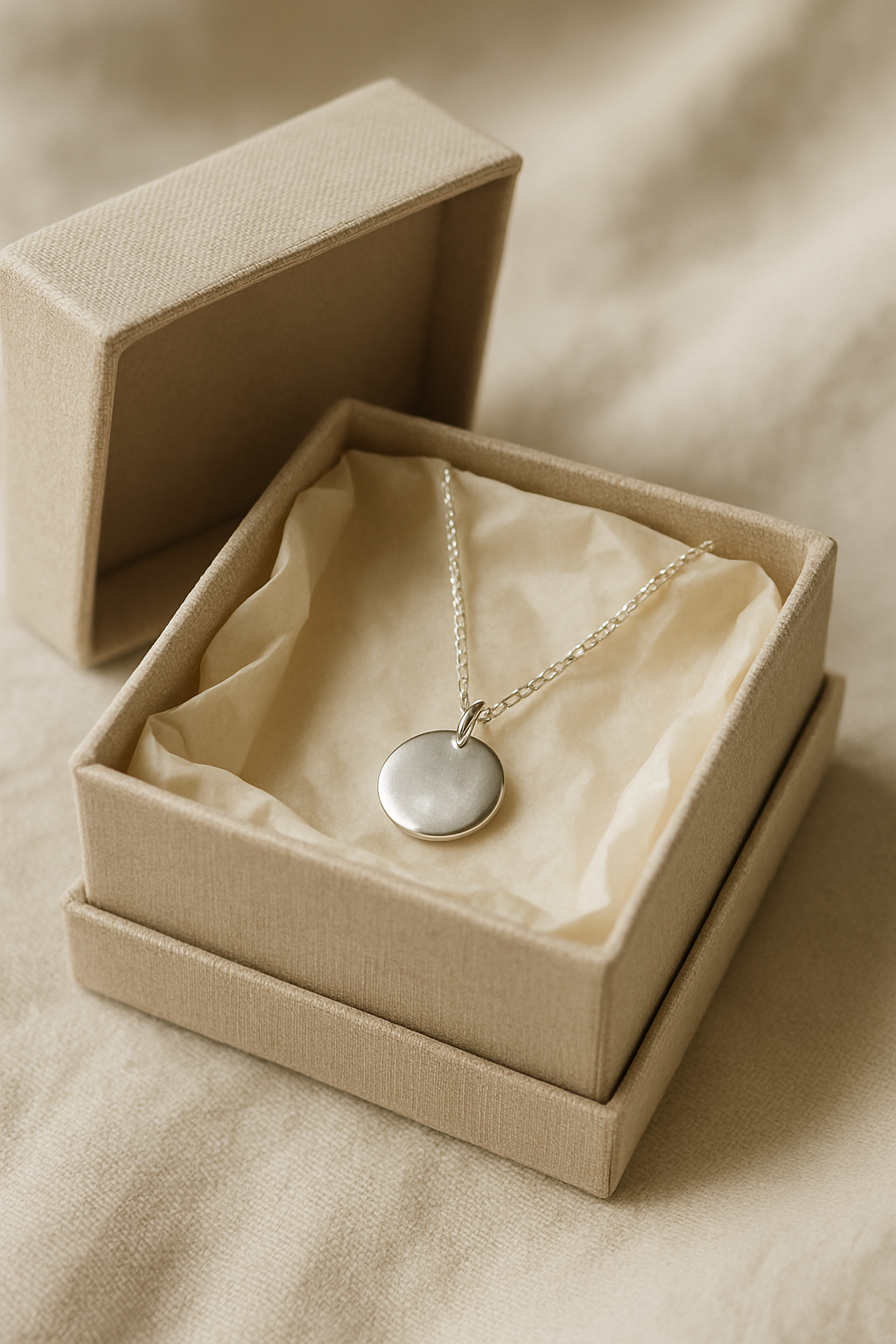Open linen gift box with a silver necklace on cream tissue