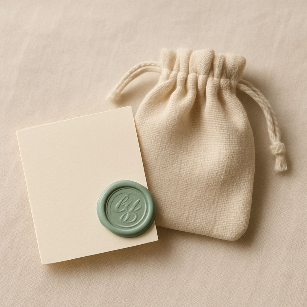 Handwritten gift note card with wax seal beside a small ring pouch