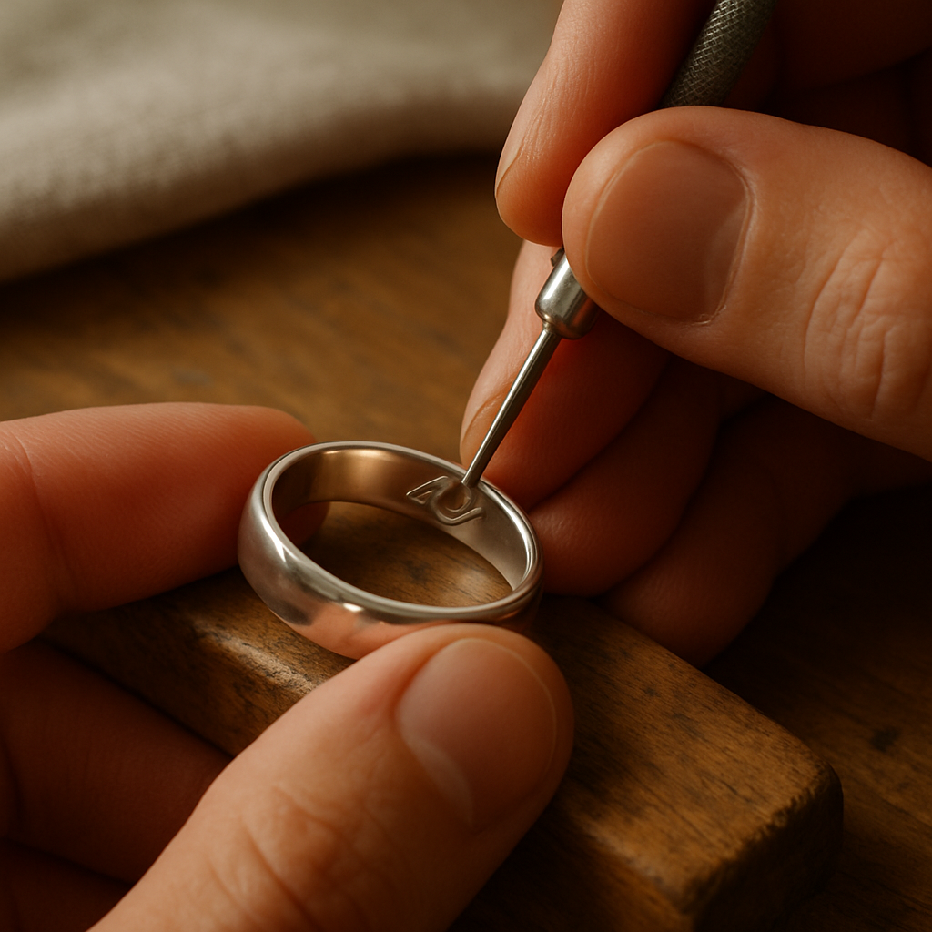 Artisan engraving initials inside a silver band