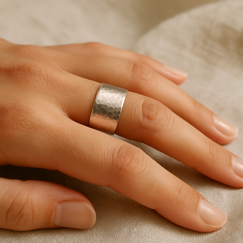 Hand wearing a hammered sterling silver ring on linen