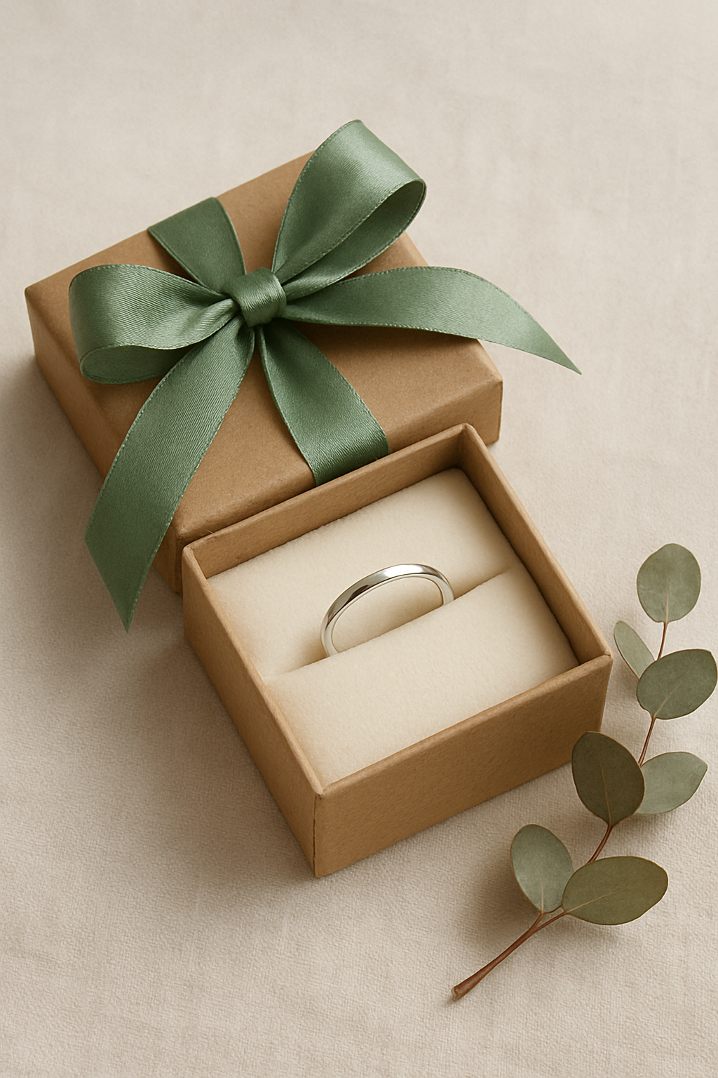 Kraft gift box with sage ribbon holding a ring