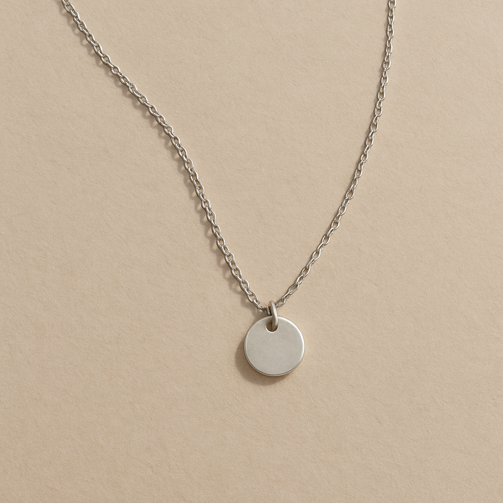 Delicate silver chain necklace with a small disc pendant