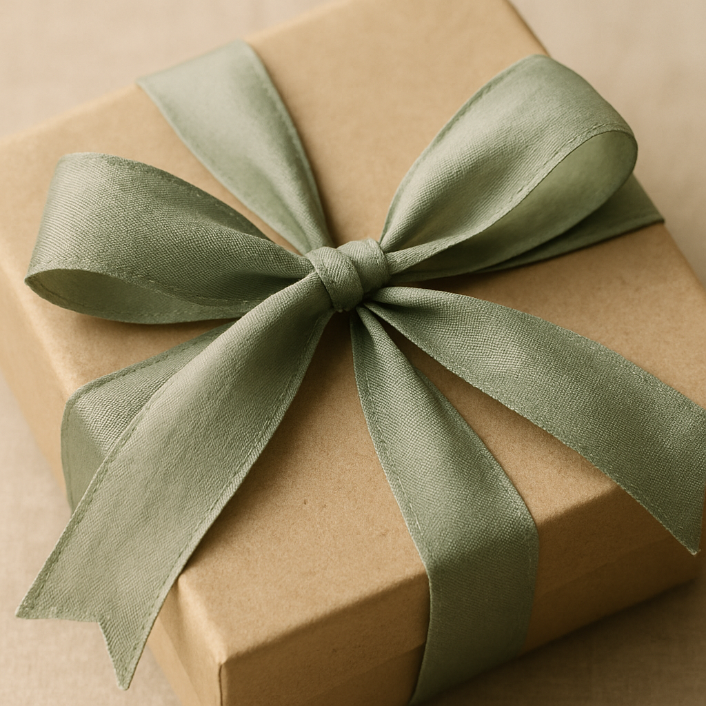 Close-up of sage silk ribbon tied in a bow on a kraft box
