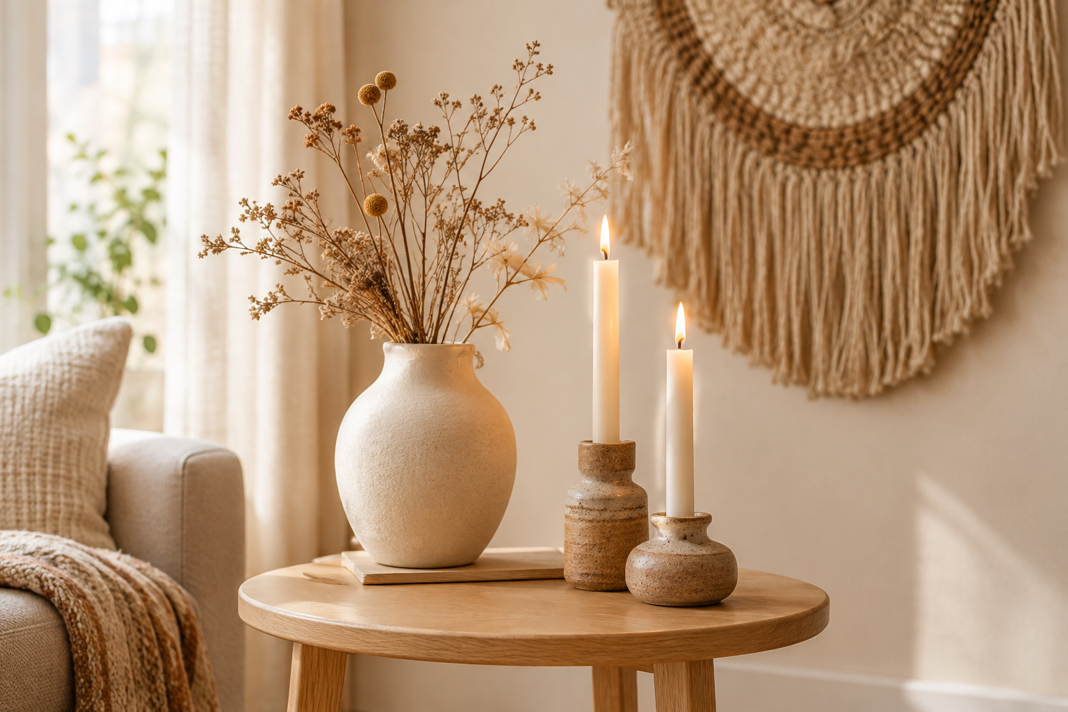 Warm handmade decor still-life with ceramic vase, candle holders, and woven wall accent in natural daylight