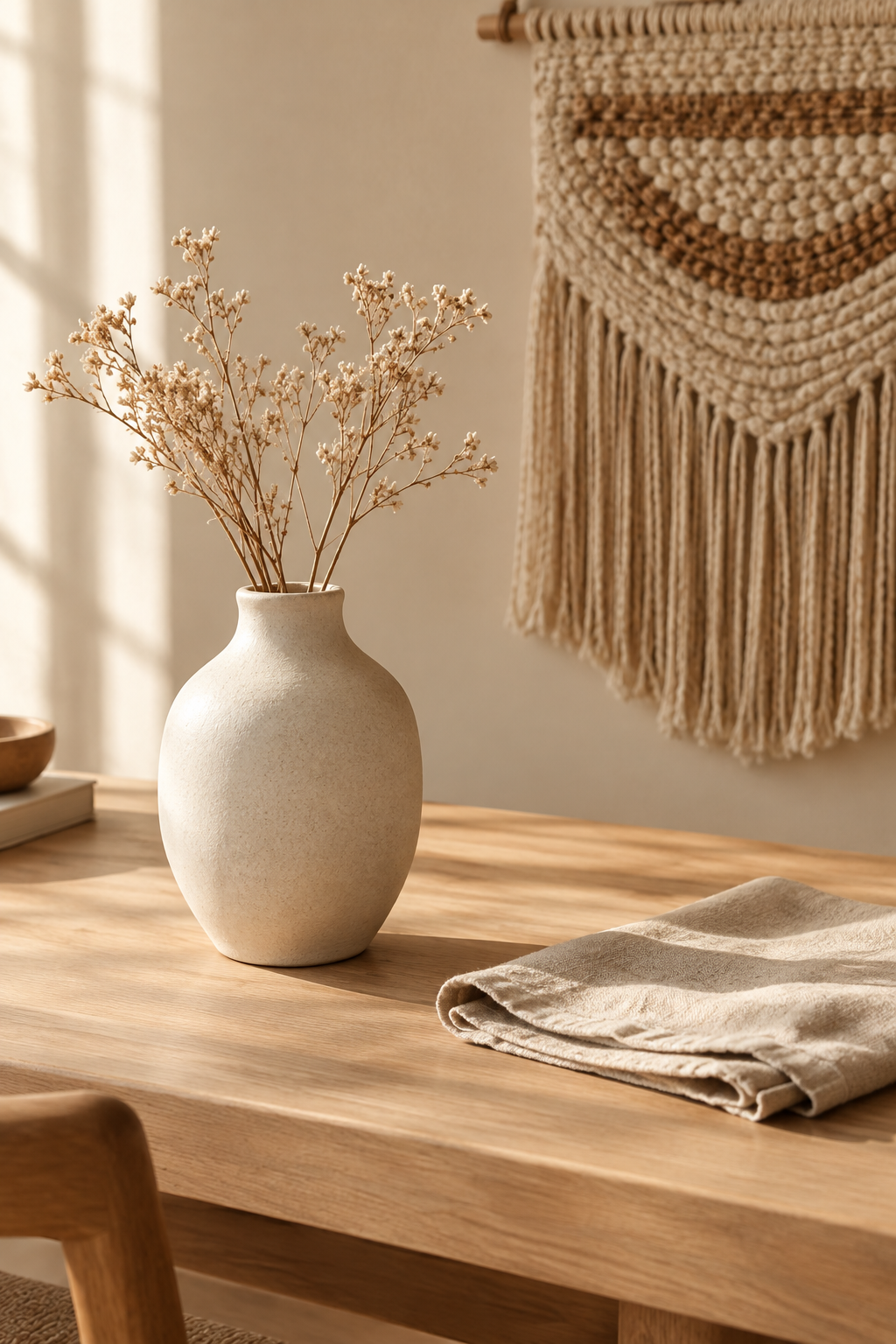 Sunlit artisan workspace with a matte ceramic vase, handwoven wall texture, and natural linen styling