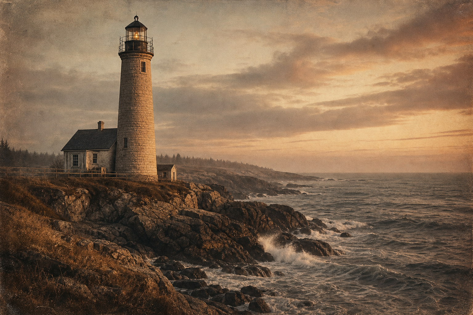 Warm archival photograph of a lighthouse on a rugged northern coast at dusk with gentle sea haze