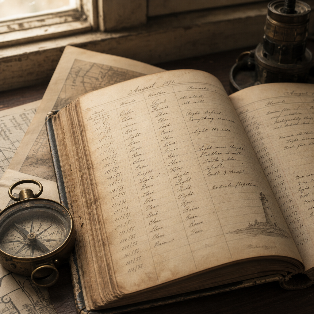 Framed close photograph of a weathered lighthouse keeper logbook with handwritten entries and brass compass