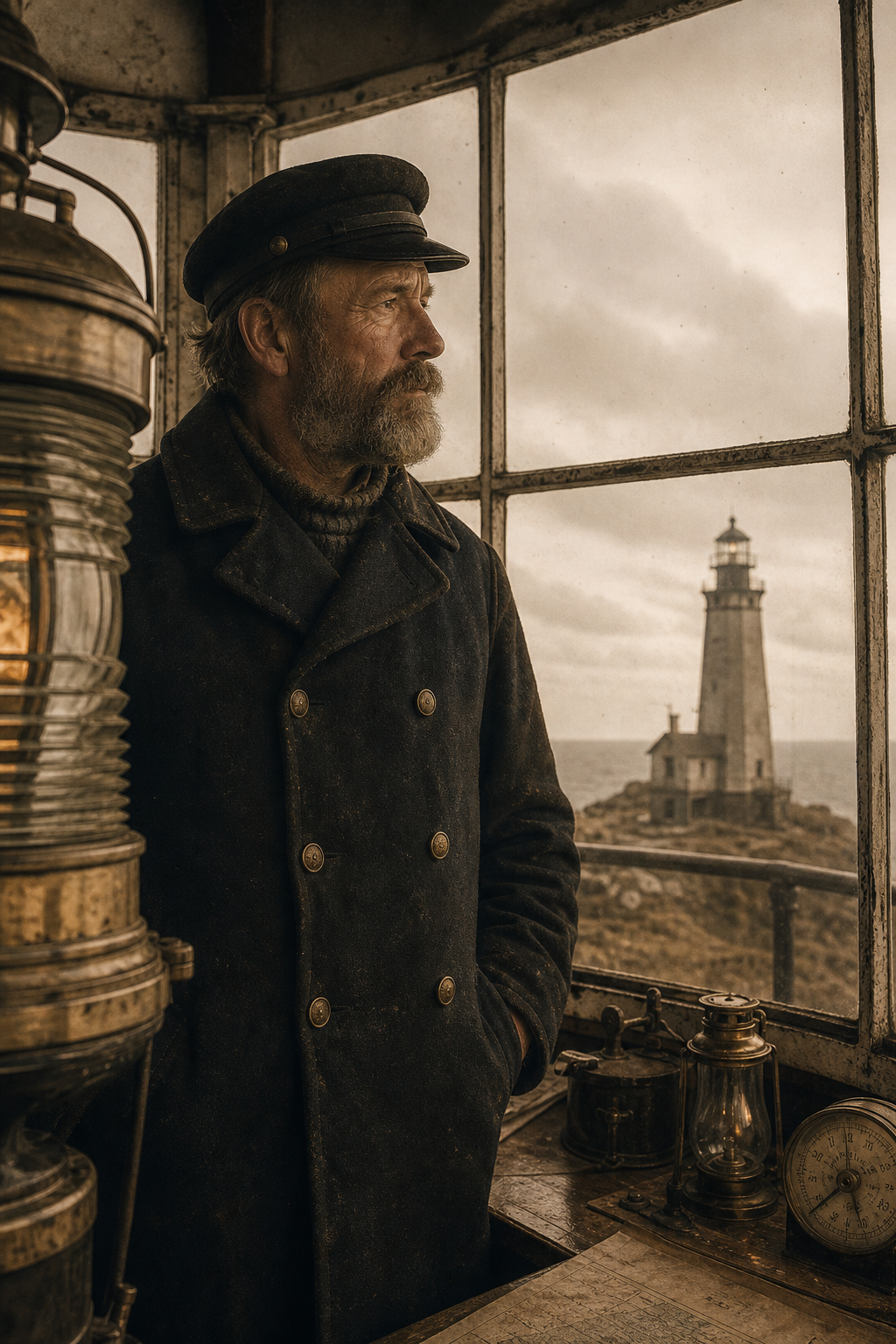 Archival-style portrait scene of a lighthouse keeper beside a lantern room window