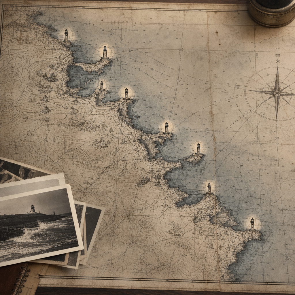 Framed coastal map panel with lighthouse beacons marked along the shoreline and subtle cartographic textures