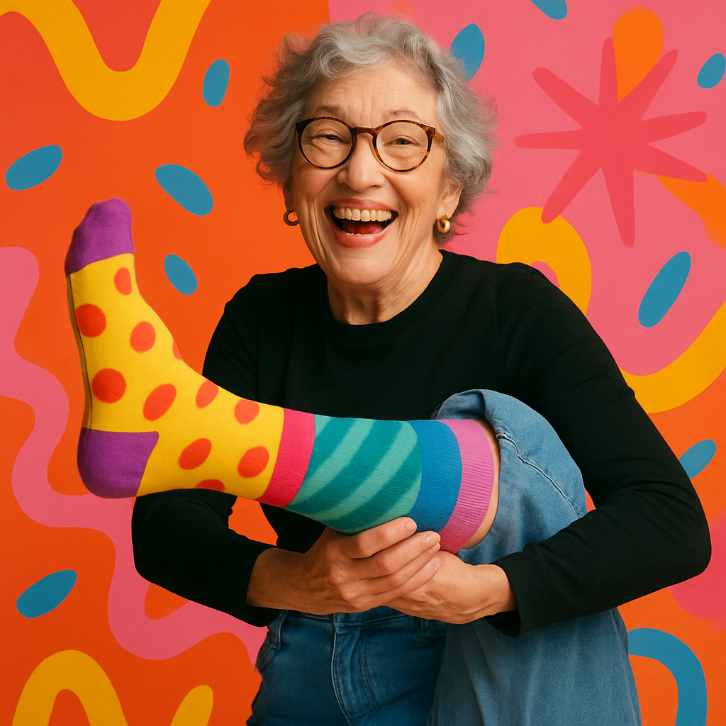 Judith Black smiling in funky socks