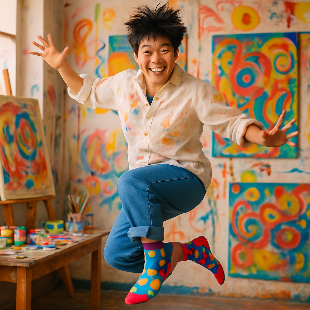 Li with mismatched, colorful socks jumping playfully