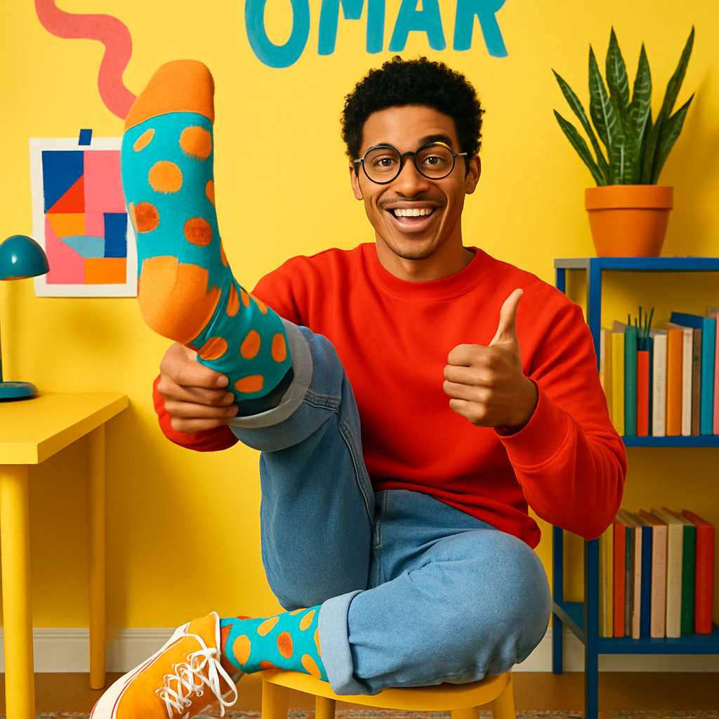 Omar with bright patterned socks