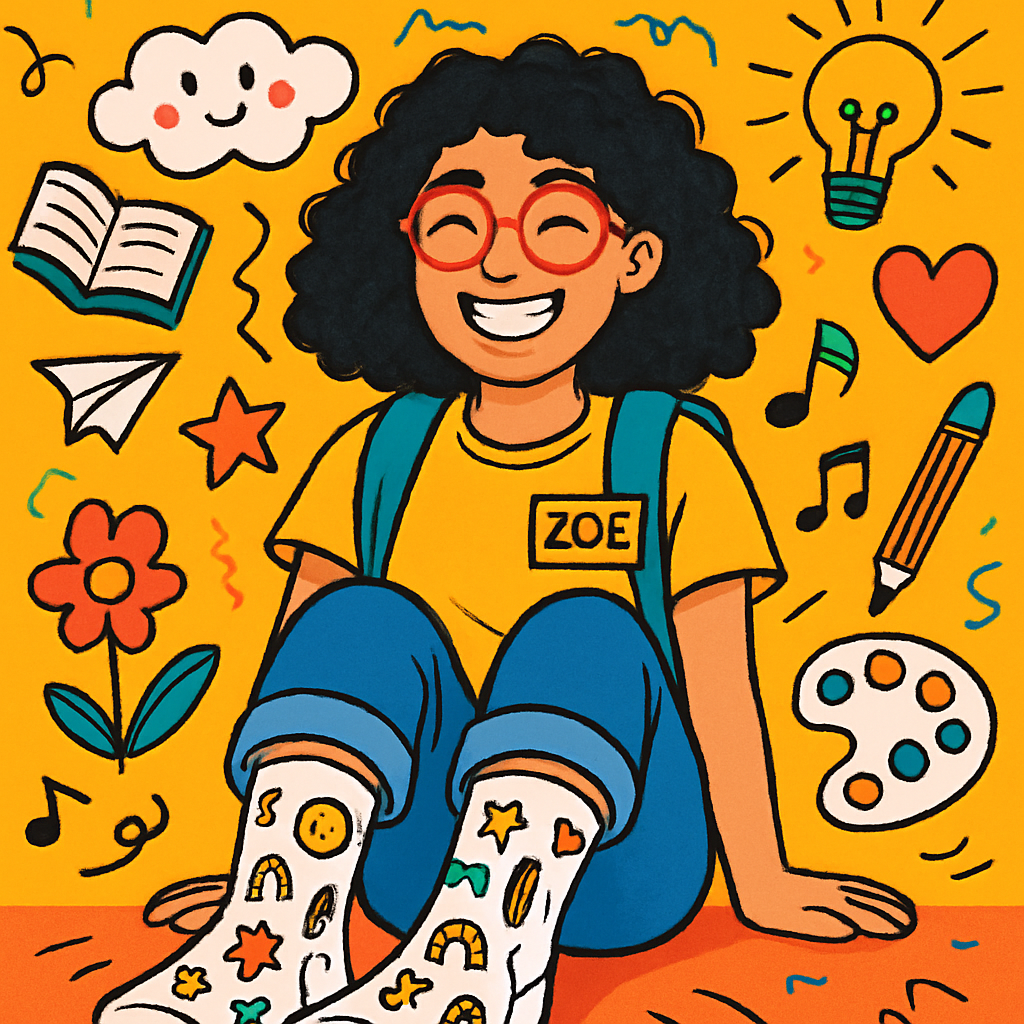 Zoe grinning, showing off socks with doodle icons