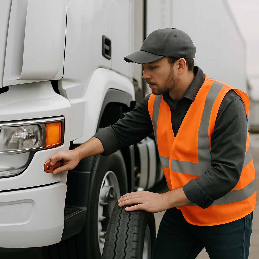 Driver performing a safety inspection beside a parked truck