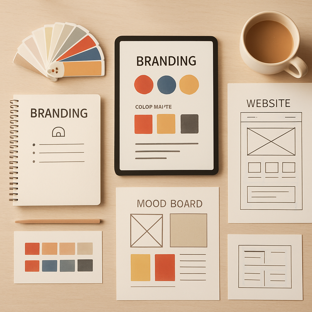 Branding and website design planning materials on a desk