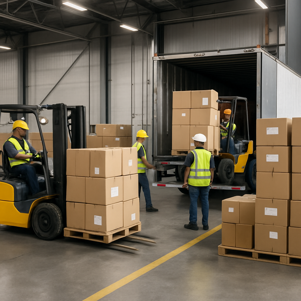 Warehouse dock with forklifts loading freight into a trailer